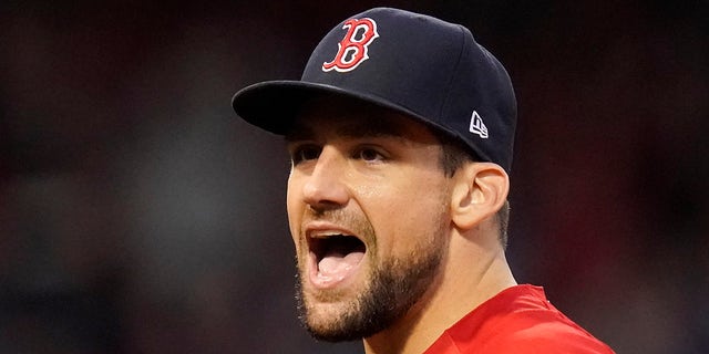 Boston Red Sox pitcher Nathan Eovaldi reacts at the end of the fifth inning against the Tampa Bay Rays during Game 3 of an American League Division Series Oct. 10, 2021, in Boston.
