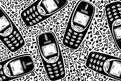 Illustration: black-and-white Nokia phones on a field of musical notes.