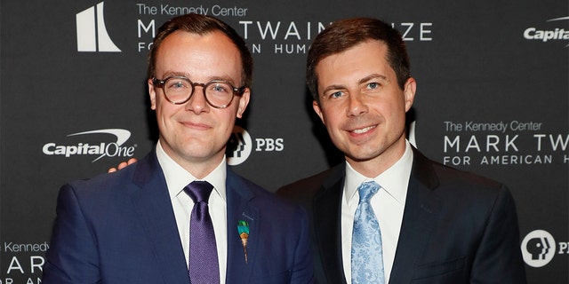 Pete Buttigieg, right, and his husband, Chasten