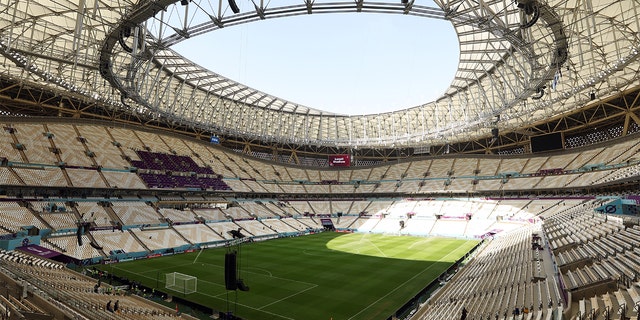 The pitch at Lusail Stadium ahead of the World Cup on Nov. 18, 2022, in Lusail, Qatar.