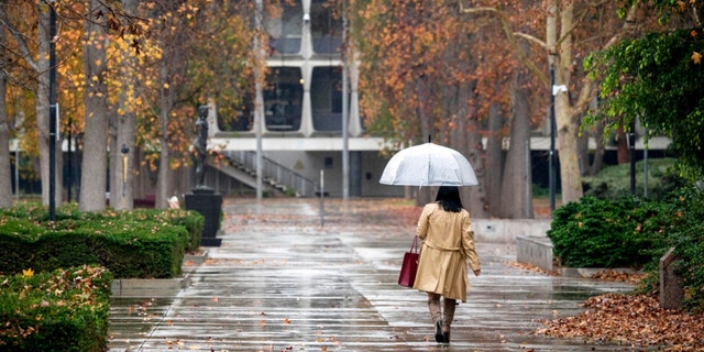 Umbrellas come out near the Van Nuys, Calif., courthouse as rain begins to fall Tuesday, Dec. 27, 2022. One-half to two inches of rain are expected in Southern California through Wednesday. 