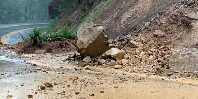 This Friday, Dec. 30, 2022, Caltrans District 1 shows State Route 271 closed south of Piercy due to an active slide near the McCoy Creek Bridge in Mendocino County, Calif. Californians on Friday were bracing for heavy downpours and potential flooding from a series of rainstorms poised to usher in the new year. 