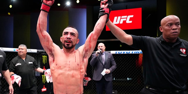 Rafa Garcia reacts after his victory over Maheshate of China in a lightweight fight during the UFC Fight Night event at UFC APEX on December 17, 2022 in Las Vegas, Nevada.