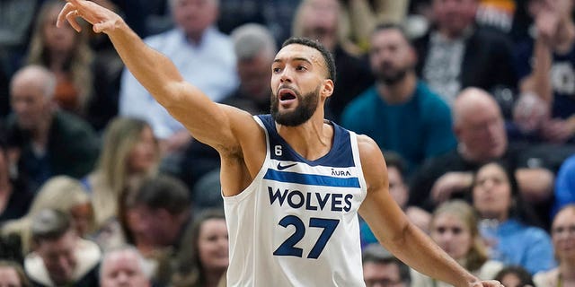 Minnesota Timberwolves center Rudy Gobert plays on defense during the first half of the team's NBA basketball game against the Utah Jazz on Friday, Dec. 9, 2022, in Salt Lake City.