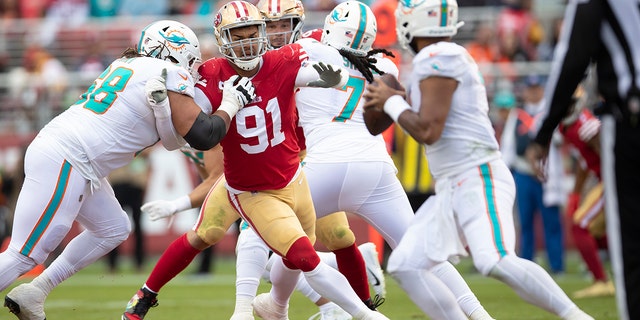 Arik Armstead, #91 of the San Francisco 49ers, rushes the quarterback during the game against the Miami Dolphins at Levi's Stadium on Dec. 4, 2022 in Santa Clara, California. 