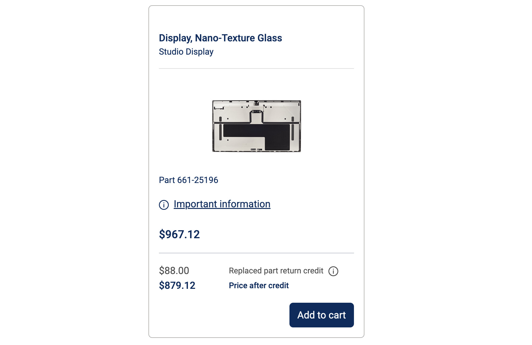 A screenshot of Apple’s self-service repair program for the Studio Display.