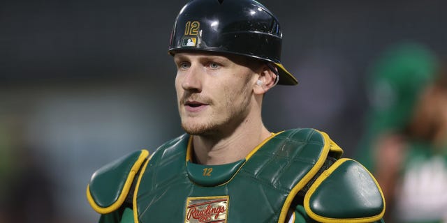 Catcher Sean Murphy #12 of the Oakland Athletics looks on against the Los Angeles Angels at RingCentral Coliseum on Oct. 4, 2022 in Oakland, California.