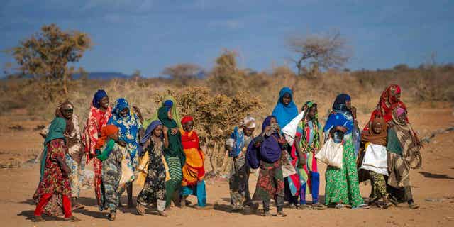 People arrive at a displacement camp on the outskirts of Dollow, Somalia, on Sept. 19, 2022. Somalia has not yet fallen into famine but several parts of the country are in danger of it in the coming months, according to a new food security report on the Horn of Africa's worst drought in decades that was released on Tuesday Dec. 13, 2022. (AP Photo/Jerome Delay, File)