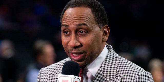 ESPN analyst Stephen A. Smith broadcasts before a game between the 76ers and the Miami Heat at Wells Fargo Center in Philadelphia, Dec. 18, 2019.