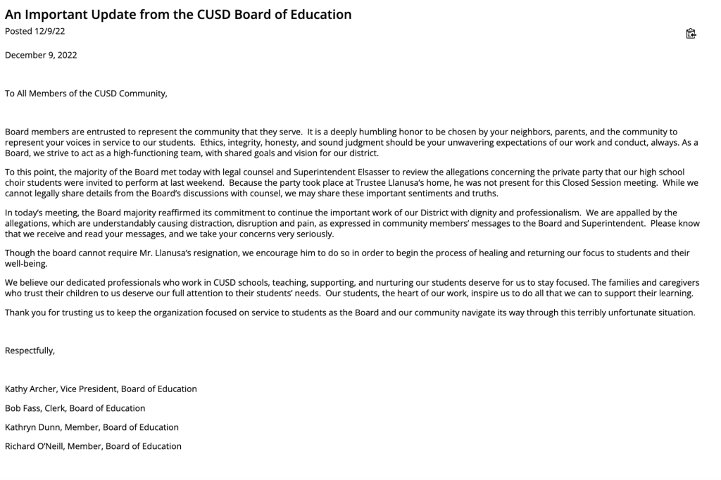 The CUSD later shared a statement with the community.