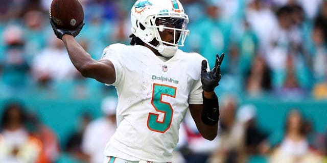 Teddy Bridgewater of the Miami Dolphins throws a pass during a game against the Minnesota Vikings at Hard Rock Stadium Oct. 16, 2022, in Miami Gardens, Fla. 