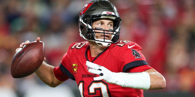 Tampa Bay Buccaneers quarterback Tom Brady (12) drops back to pass against the New Orleans Saints in the second quarter at Raymond James Stadium.