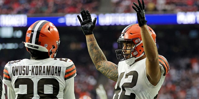 Tony Fields II #42 of the Cleveland Browns celebrates after returning an interception for a touchdown during the fourth quarter against the Houston Texans at NRG Stadium on Dec. 4, 2022 in Houston, Texas.