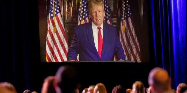 Former President Trump speaks to the Republican Jewish Coalition annual meeting at the Venetian in Las Vegas, on Nov. 19, 2022. 