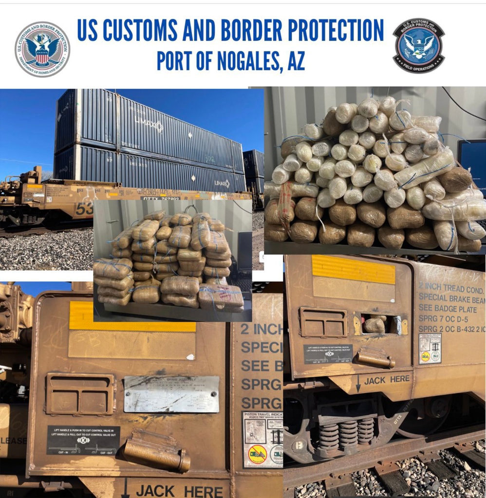 A post from US Customs and Border protection showing their haul which was had been hidden in a train