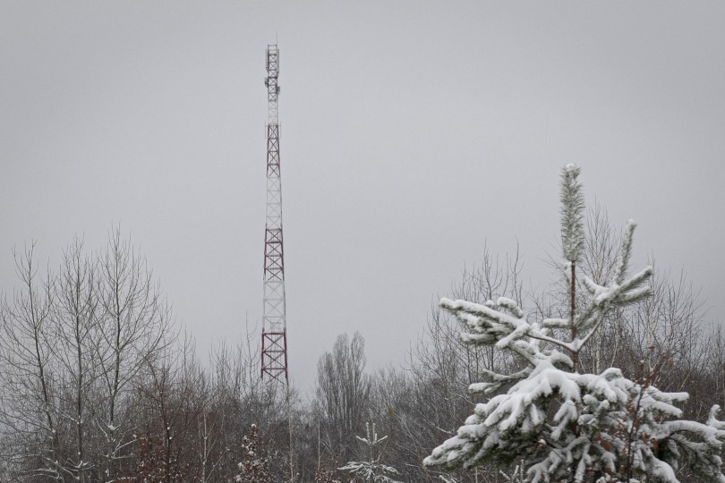 A view of a phone tower belonging to Ukrainian mobile telephone network operator Kyivstar is spotted near Kyiv, Ukraine on Nov. 30, 2022. 