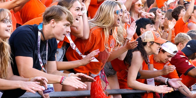 Virginia Tech Hokies fans cheer during the second quarter against the North Carolina Tar Heels at Lane Stadium.