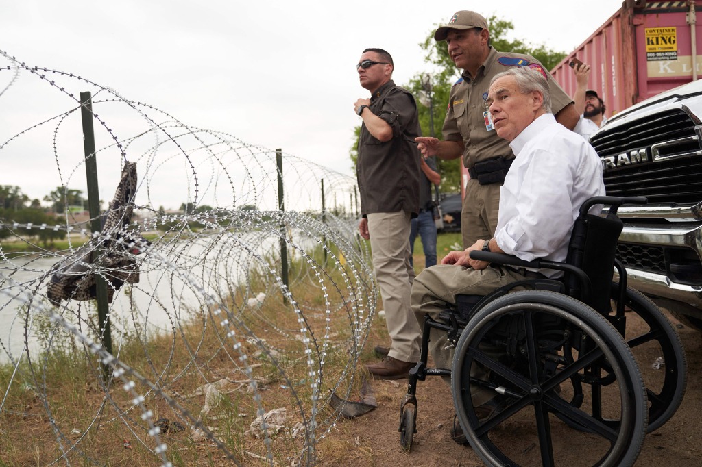 Texas Governor Greg Abbott tours the US-Mexico border at the Rio Grande River in Eagle Pass, Texas.