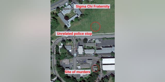 Aerial map showing the location of the Nov. 13 Idaho murders and the unrelated stop nearby for underage drinking that same morning.