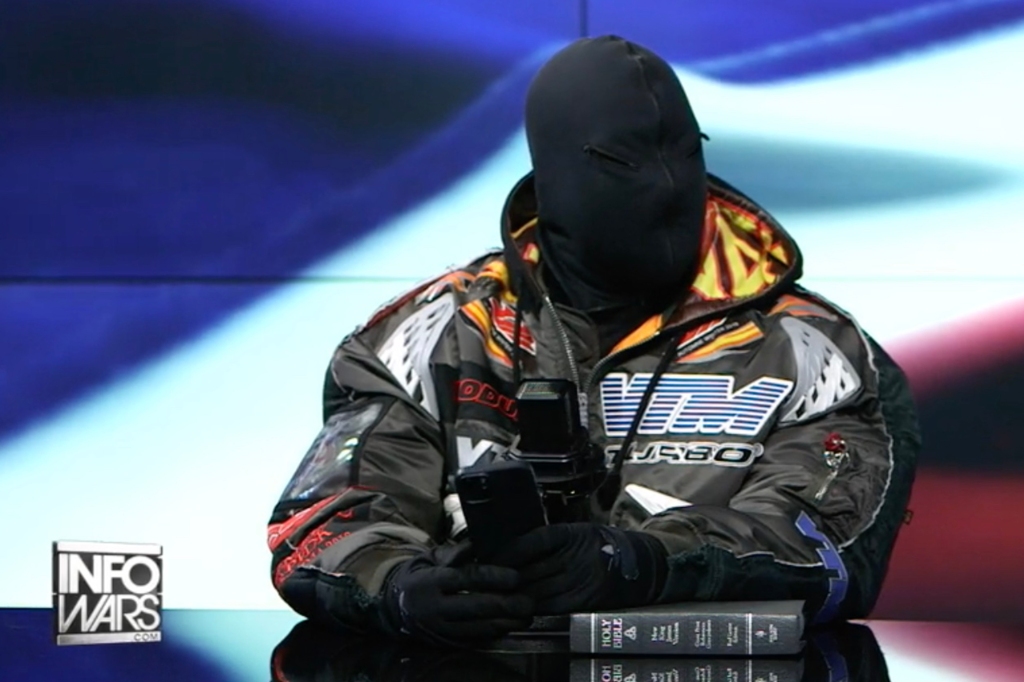 Kanye West during his hooded appearance with Infowars host and conspiracy theorist Alex Jones