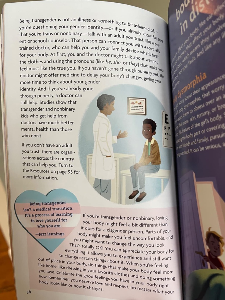 A picture from an American Girl doll book that discusses body image and gender.
