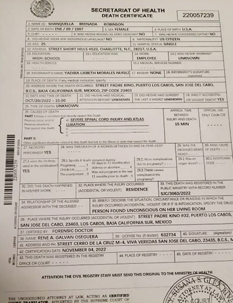 Shanquella's death certificate