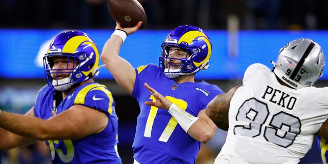 Baker Mayfield #17 of the Los Angeles Rams passes the ball against the Las Vegas Raiders during the first quarter at SoFi Stadium on December 8, 2022, in Inglewood, California.