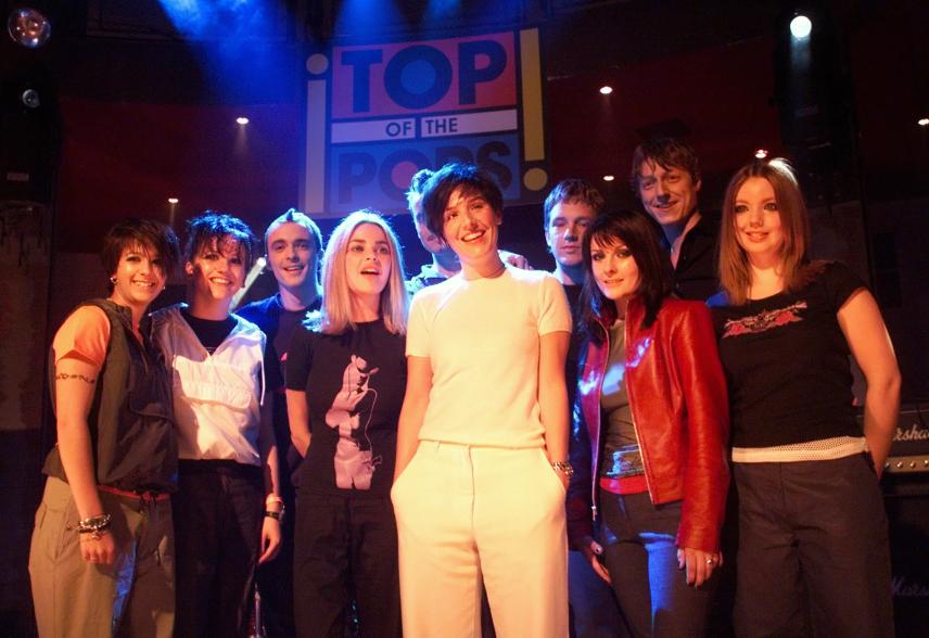 A picture of Top of the Pops presenter Gail Porter (centre-left) members of the bands Texas.