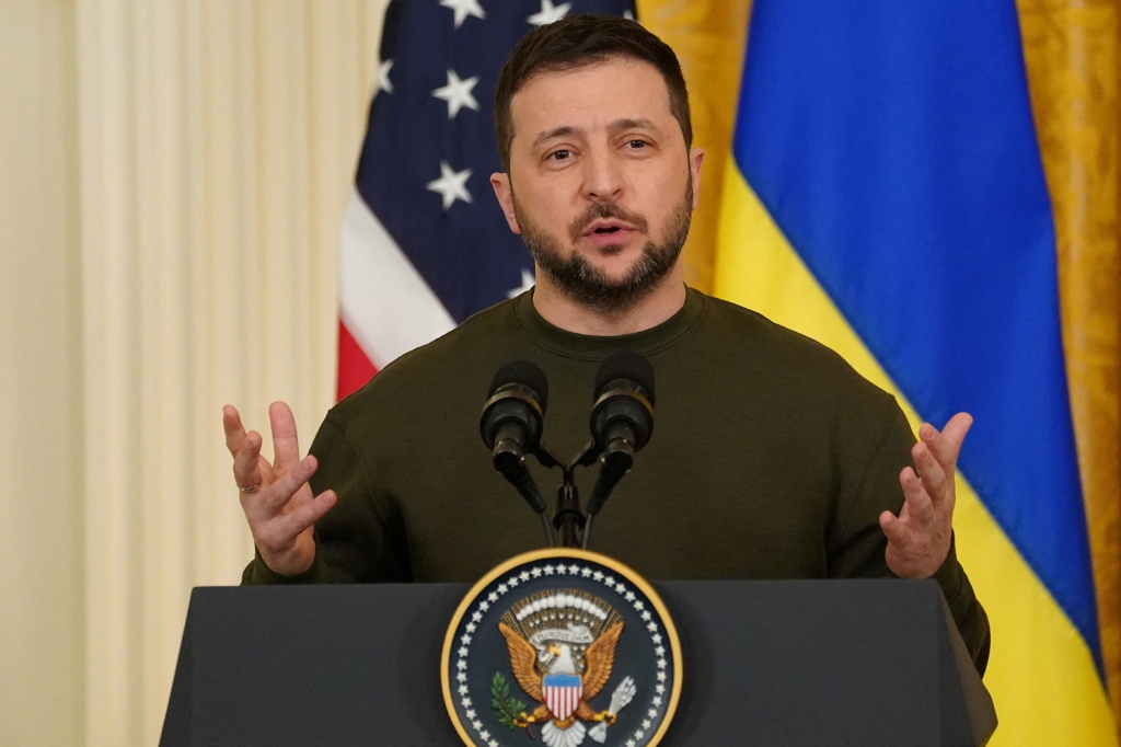 Ukraine's President Volodymyr Zelenskiy speaks during the joint press conference.