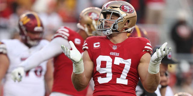 Nick Bosa #97 of the San Francisco 49ers reacts after forcing a fumble during the fourth quarter in the game against the Washington Commanders at Levi's Stadium on December 24, 2022 in Santa Clara, California. 