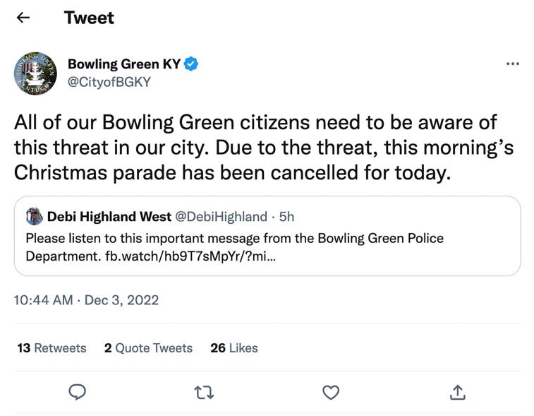A tweet by the city of Bowling Green, Kentucky, announcing a Christmas parade had been cancelled.
