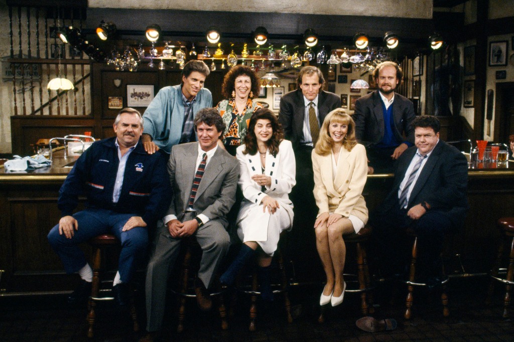 Ted Danson as Sam Malone, Rhea Perlman as Carla Tortelli, Woody Harrelson as Woody Boyd, Kelsey Grammer as Dr. Frasier Crane (front row l-r) John Ratzenberger as Cliff Clavin, Tom Berenger as Don Santry, Kirsty Alley as Rebecca Howe, Shelley Long as Diane Chambers, George Wendt as Norm Peterson. 