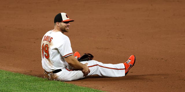 First baseman Chris Davis of the Baltimore Orioles sits on the ground after fielding a ball against the Miami Marlins at Oriole Park at Camden Yards on August 6, 2020, in Baltimore, Maryland.