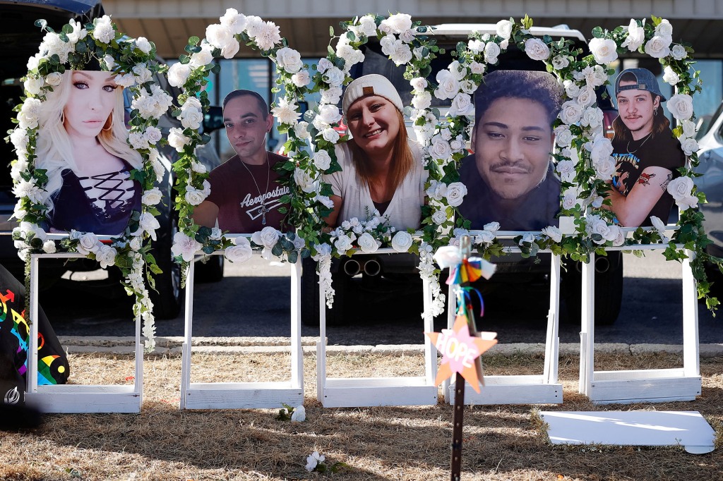 A memorial to the five victims slain in the Nov. 19 shooting at Club Q.