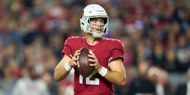 Colt McCoy #12 of the Arizona Cardinals drops back to pass against the New England Patriots during the first half at State Farm Stadium on December 12, 2022 in Glendale, Arizona.