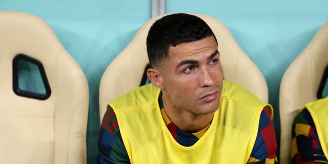 Cristiano Ronaldo of Portugal looks on with teammates prior to a FIFA World Cup Qatar 2022 round of 16 match against Switzerland at Lusail Stadium Dec. 6, 2022, in Lusail City, Qatar.