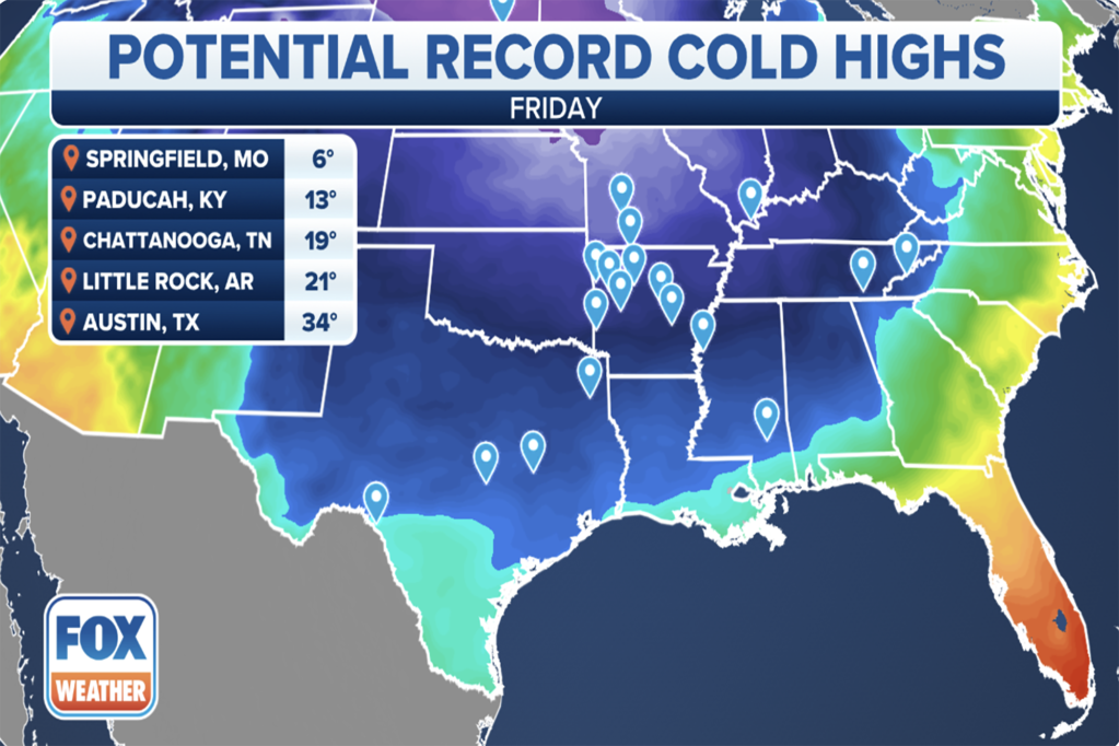 Several locations across the South may not get out of the teens or 20s on Friday, setting records for lowest maximum temperatures.
