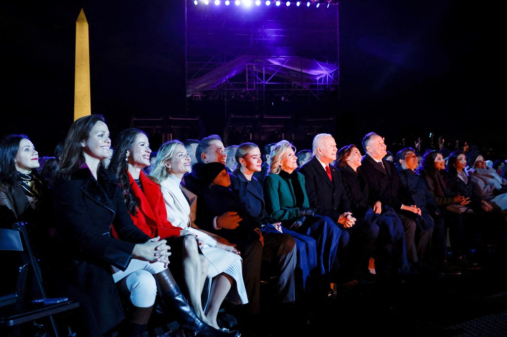 President Biden, Jill Biden, Hunter Biden, and others watch the National Christmas Tree lighting concert.