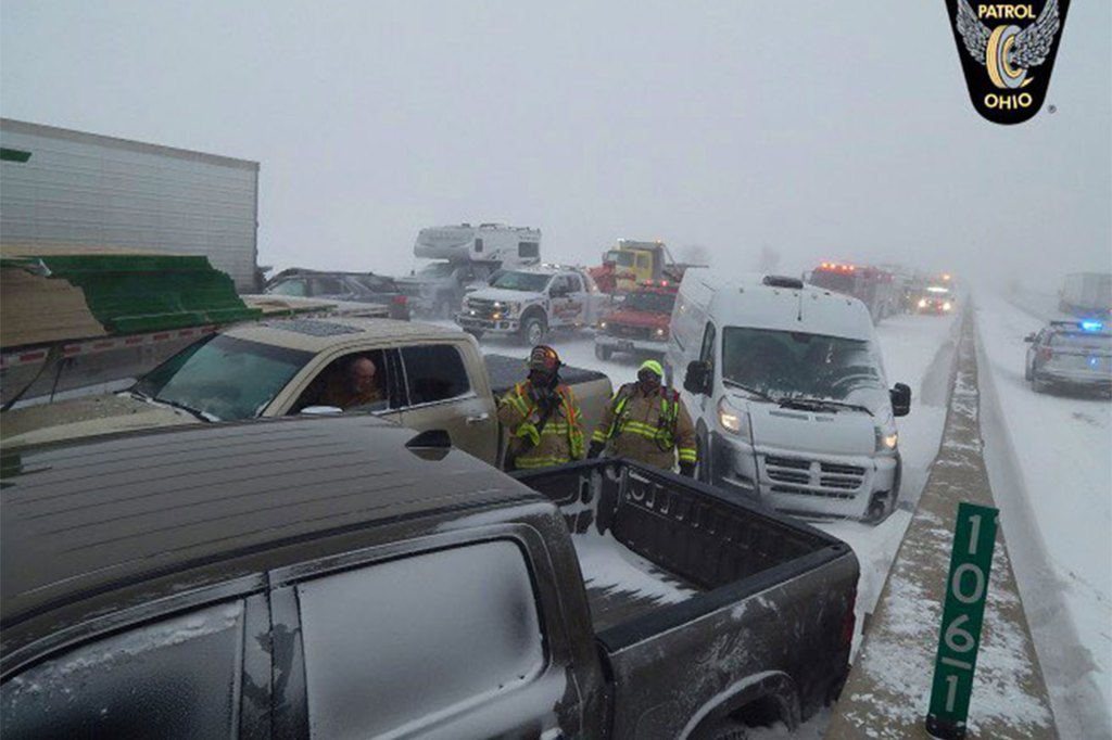 car pileup in a snow storm on the Ohio turnpike