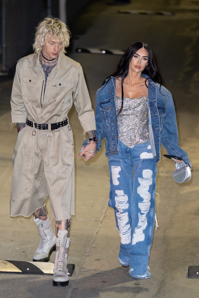 Megan Fox, seen here with Machine Gun Kelly at the Jimmy Kimmel show in early December, rocked this distressed denim look with eye-catching aplomb. 