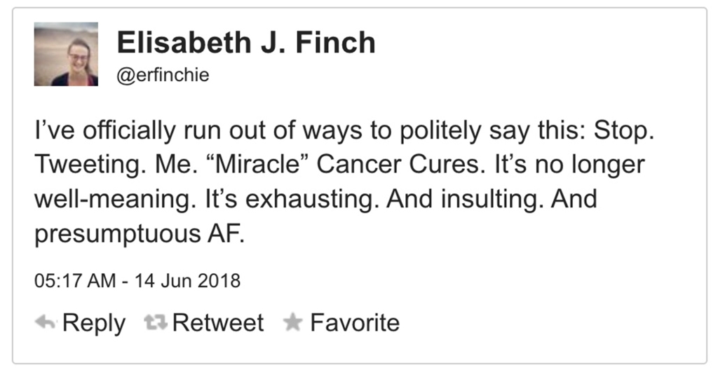 Finch tweeted defensively about cancer.