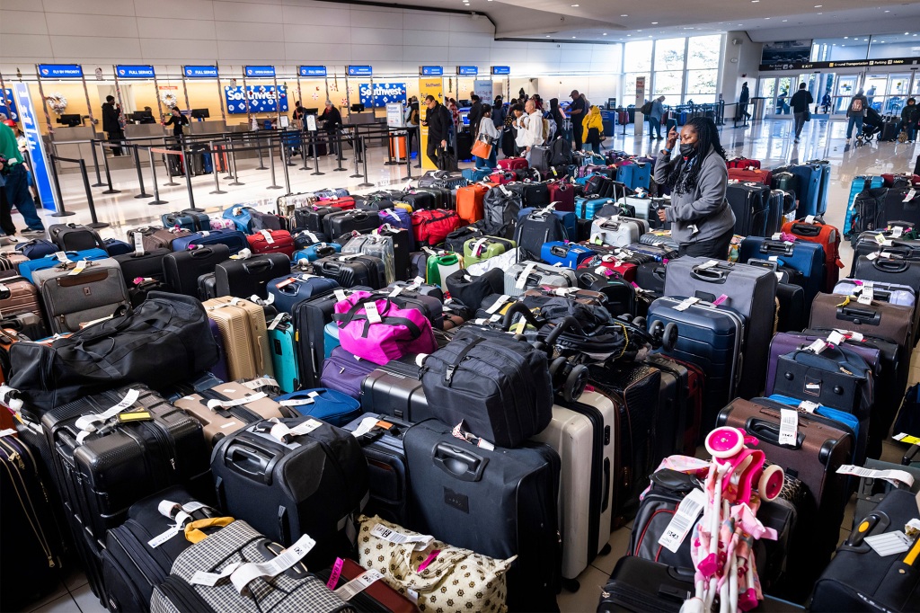 Hundreds of bags at Washington National Airport in Arlington, Virginia after Southwest Airlines cancelled 2,300 flights on December 29, 2022.