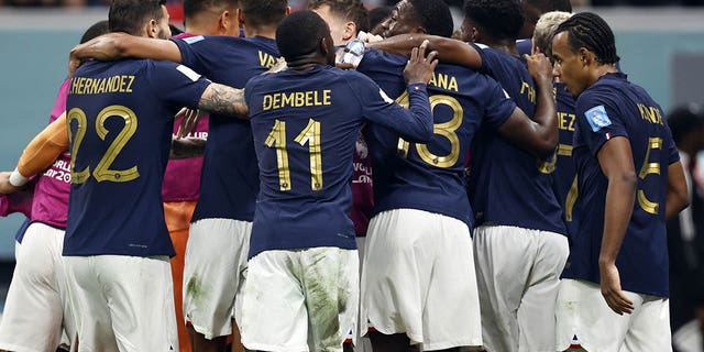 France celebrates Randal Kolo Muani of France's 2-0 during the FIFA World Cup Qatar 2022 Semifinal match between France and Morocco at Al Bayt Stadium on December 14, 2022, in Al Khor, Qatar.