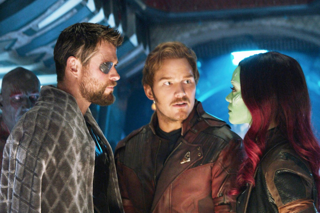 (Left to right) Dave Bautista as Drax, Chris Hemsworth as Thor, Chris Pratt as Star-Lord, Zoe Saldana as Gamora in "Avengers: Infinity War" in 2018. 