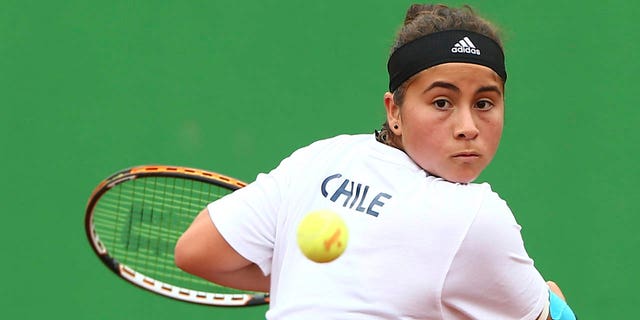 Barbara Gatica Avilés of Chile serves during her singles quarterfinal match at the I ODESUR South American Youth Games in Lima, Peru, on Sept. 22, 2013.