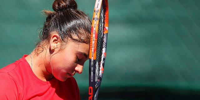 Barbara Gatica Avilés of Chile reacts during the fourth day of the Tennis Fed Cup American Zone Group 1 at Club Deportivo La Asuncion in Toluca, Mexico, on Feb. 9, 2017.