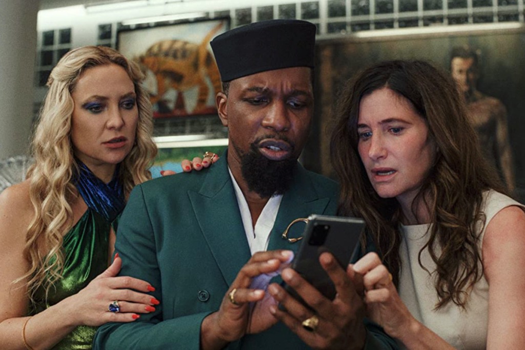 Kate Hudson, Kathryn Hahn, and Leslie Odom Jr. in Glass Onion: A Knives Out Mystery 