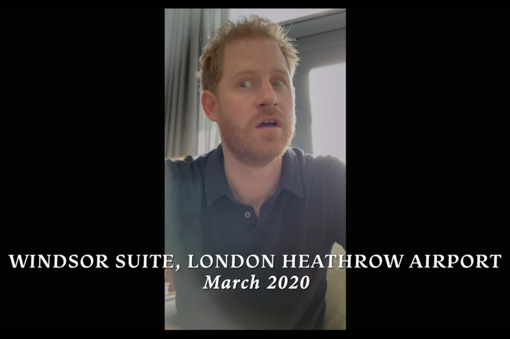 Prince Harry in a self-recorded moment at Heathrow in 2020.