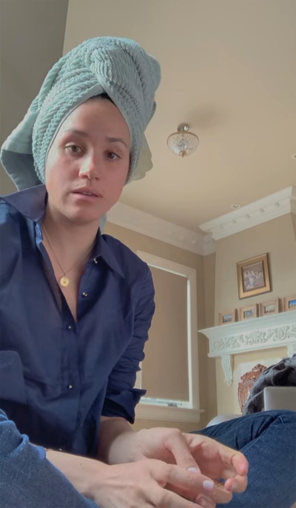 Meghan in a hair towel during one self-filmed, post-Megxit moment.