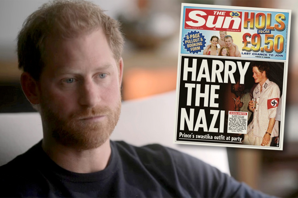 Prince Harry next to a tabloid cover of his nazi outfit. 